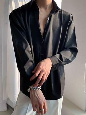 Men's Korean Style Loose Fit Ice Silk Shirt - White/Black, No Iron, Casual Drape