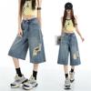 Mode Sommer Zerrissen Verwaschen Dünner Stoff Weiter Bein Locker Gerade Jeans Cropped Capri-Hose Zerstört Gewaschen Vielseitig Schlankmachend Streetwear Hosen