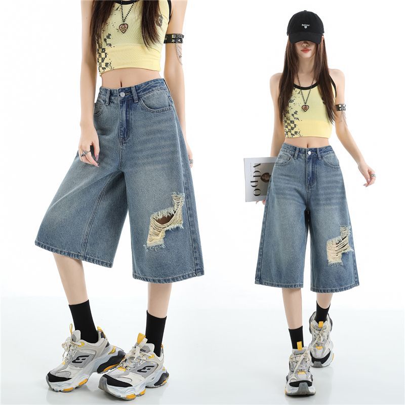 Mode Sommer Zerrissen Verwaschen Dünner Stoff Weiter Bein Locker Gerade Jeans Cropped Capri-Hose Zerstört Gewaschen Vielseitig Schlankmachend Streetwear Hosen