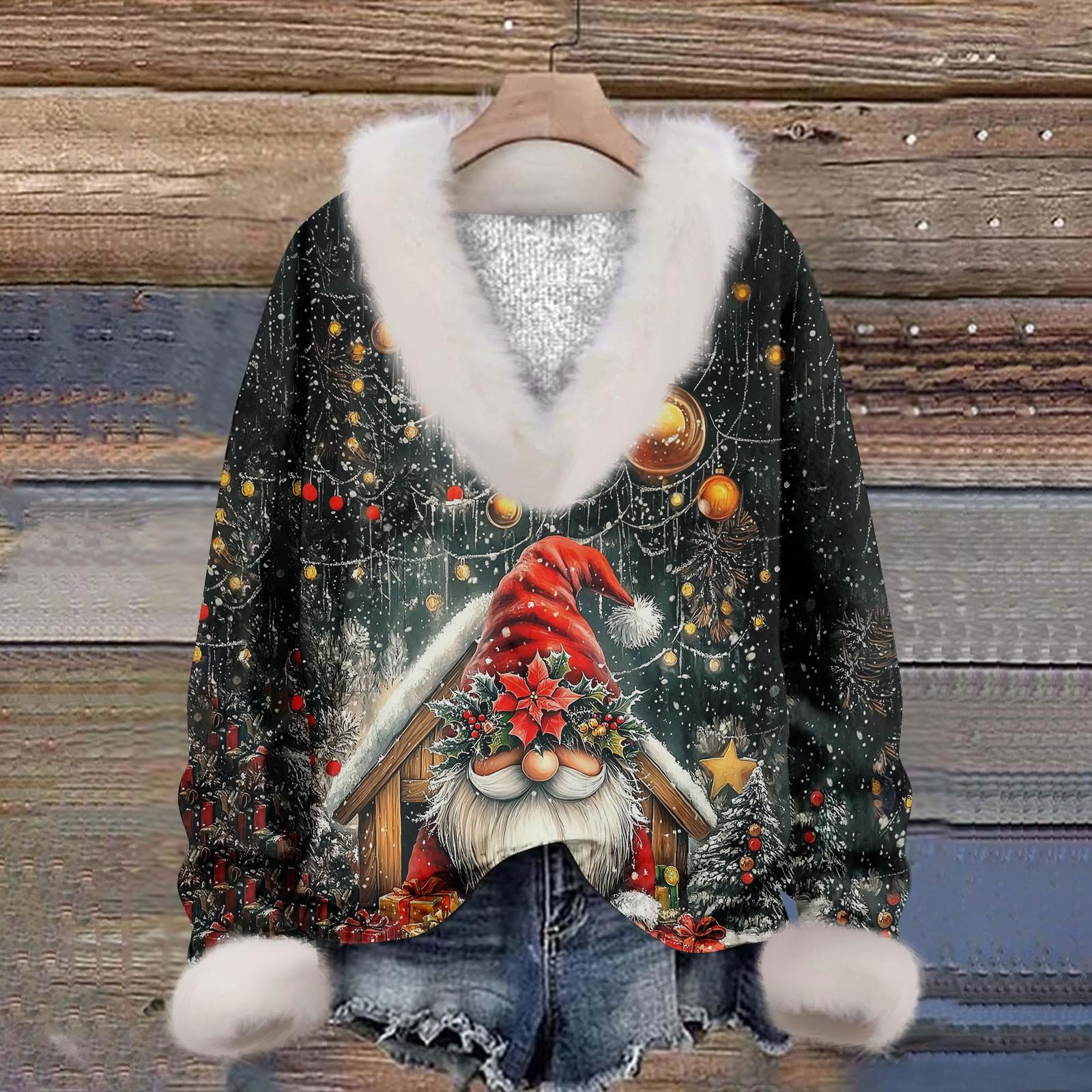 

Женская мода повседневный рождественский принт с длинным рукавом и V-образным вырезом пуловер для волос S