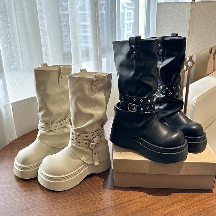 White retro platform boots women's boots 2025 new autumn versatile small height-increasing and thin trouser boots