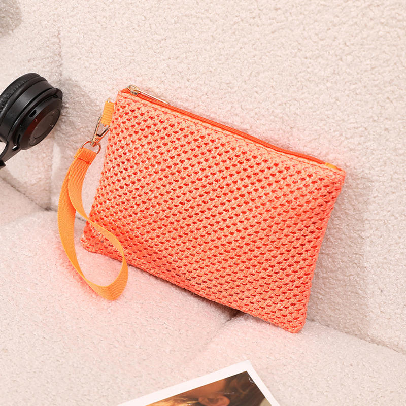 Fashion Straw Woven Bag For Women Hollow Out Beach Handbag With Wrist Strap Portable Phone Purse Solid Color Simple Cash Bag Summer Accessory