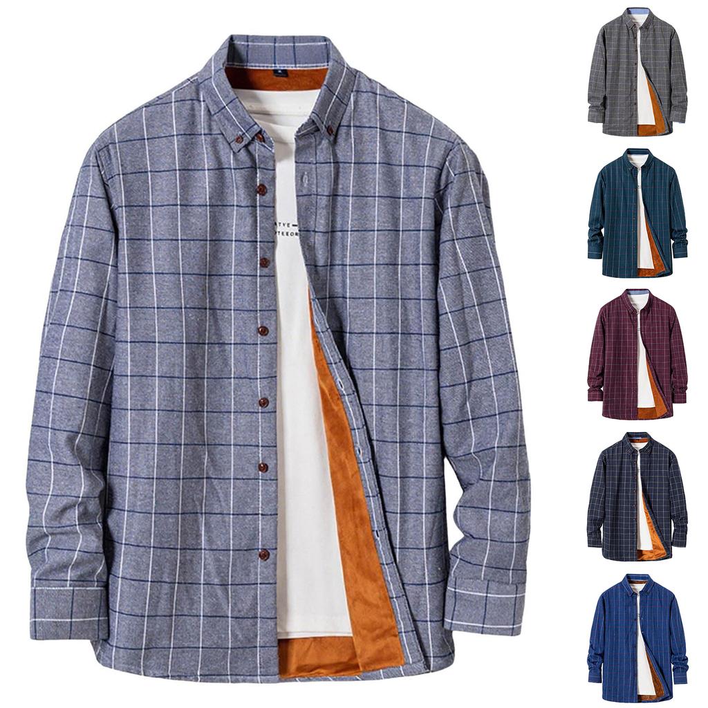 Fleece Lined Lapel Shirts For Men Winter Warm Loose Button Down Stylish Long Sleeve Cotton Plaid Shirt Jackets