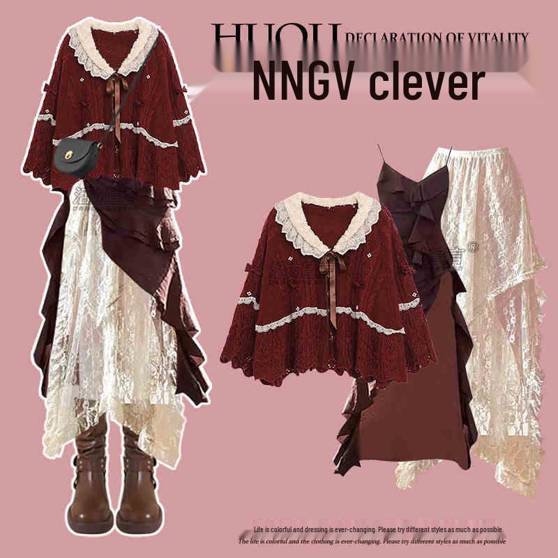 2024 Christmas Red Knit Sweater and Irregular Lace Skirt Three-Piece Set