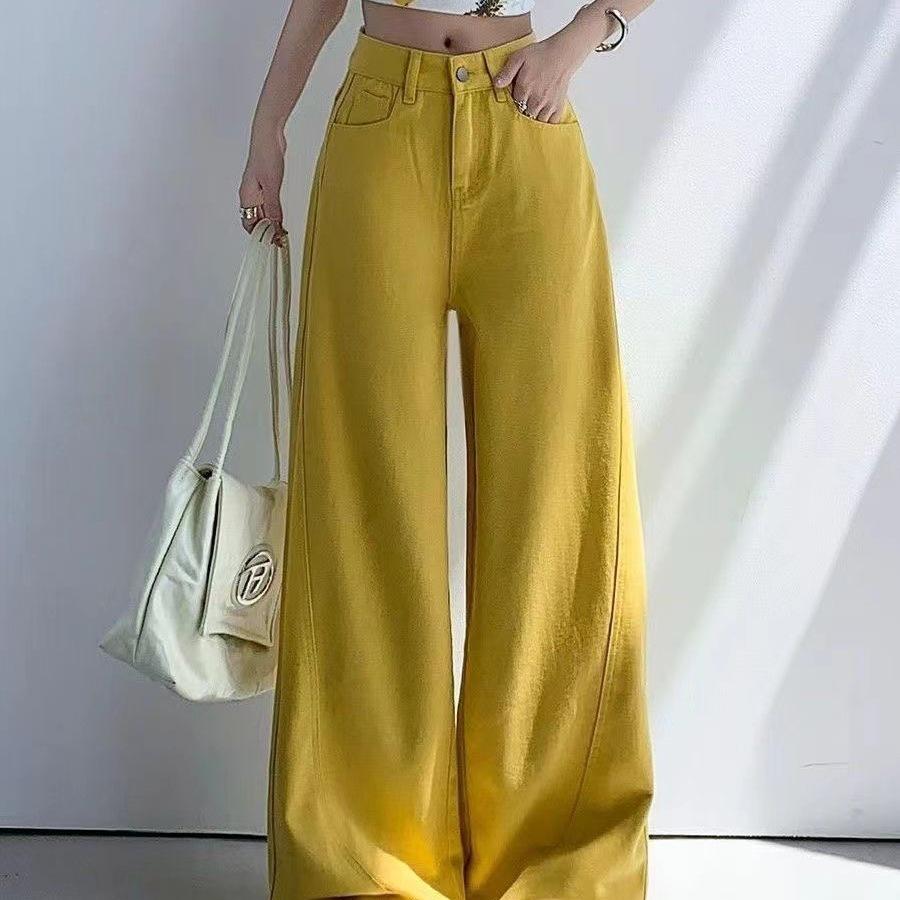 High Street Women's High-Waisted Yellow Wide-Leg Jeans - 2026 Summer Casual Hip-Covering Scythe Pants