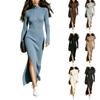 Women's Slim Fit Knit Midi Dress with Stand Collar and Long Sleeves