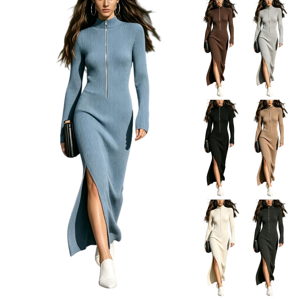 Women's Slim Fit Knit Midi Dress with Stand Collar and Long Sleeves