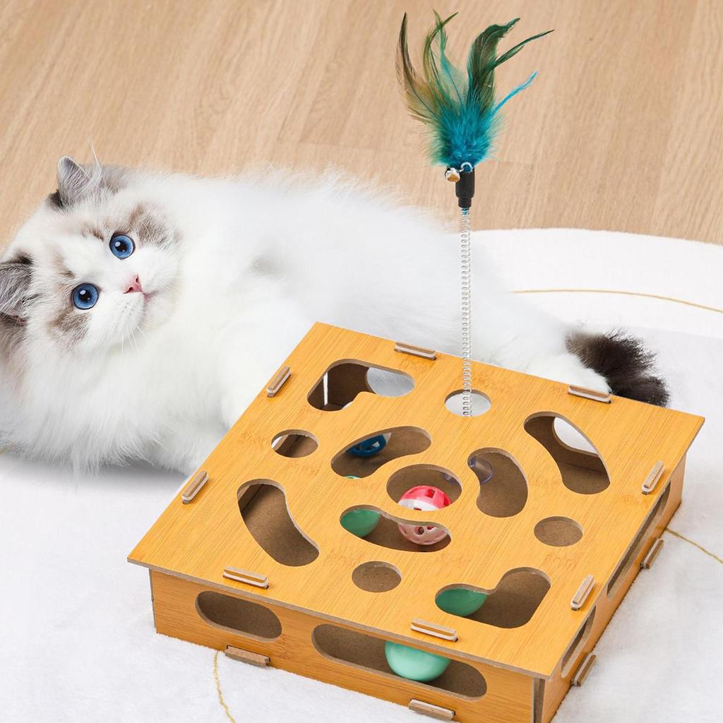 Cat Nail File Enrichment Box Interactive Wooden Scratcher With Balls Cat Toy Box For Indoor Kittens For Boredom Training Living