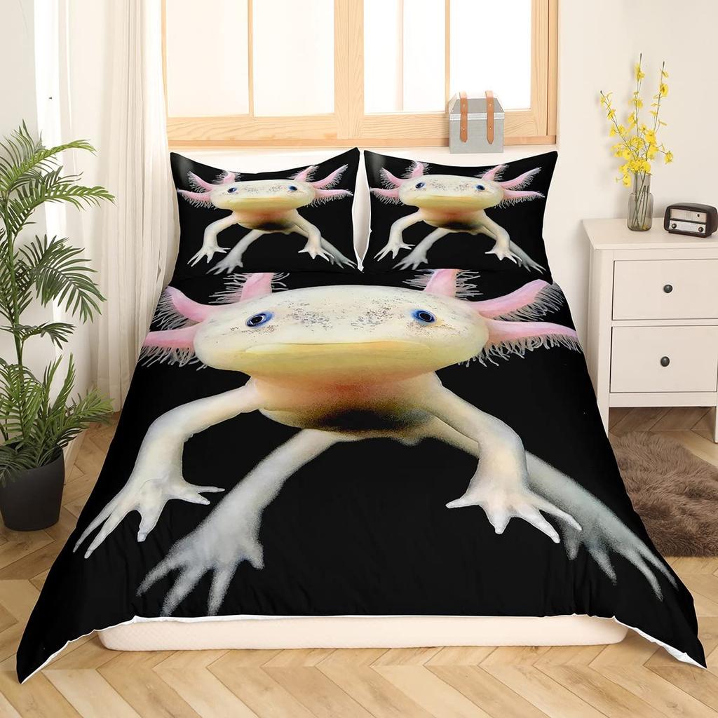 Cute Axolotl Duvet Cover Set Full Size Cartoon Salamander Bedding Set Kawaii Animals Comforter Cover Constellation Black Decor