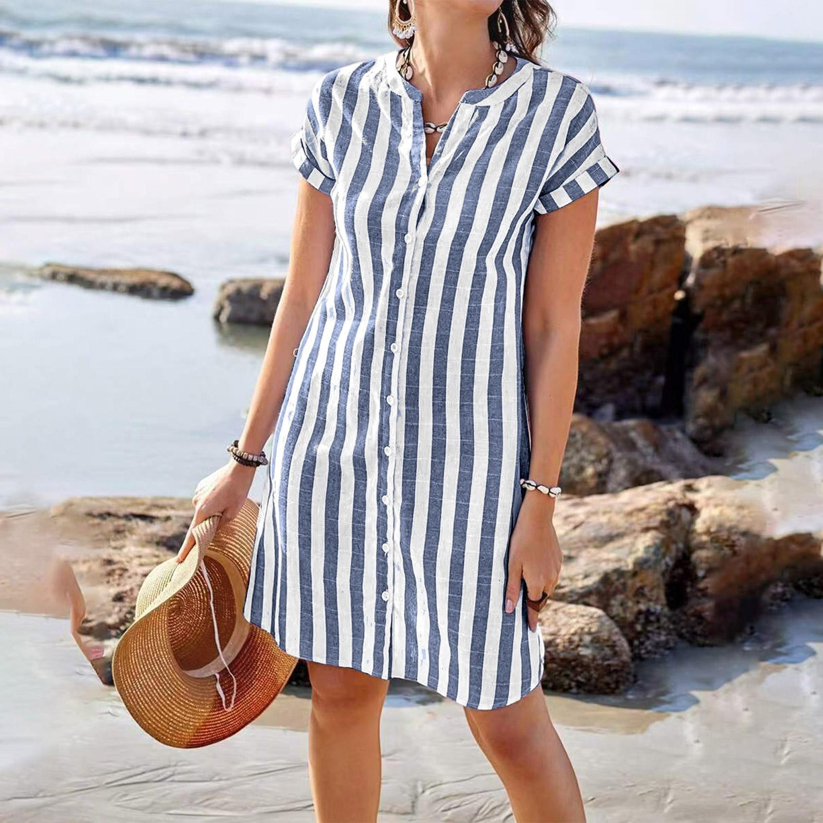 

Women s Casual Cotton And Linen Striped Printed Short Sleeved Shirt Dress M Темно-синій