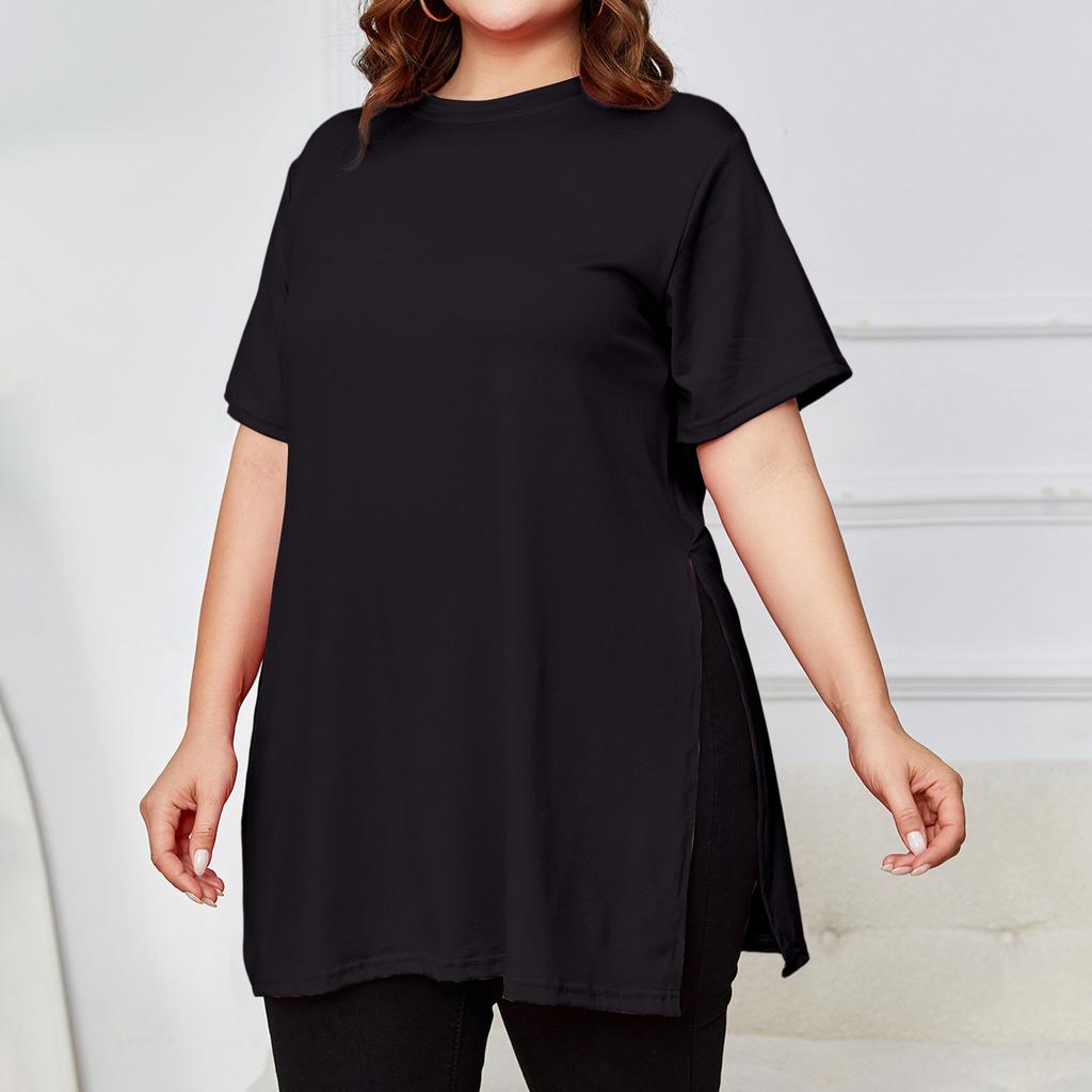 Women's Plus Size Slit Long T,shirt Round Neck Casual Loose Short Sleeved Top