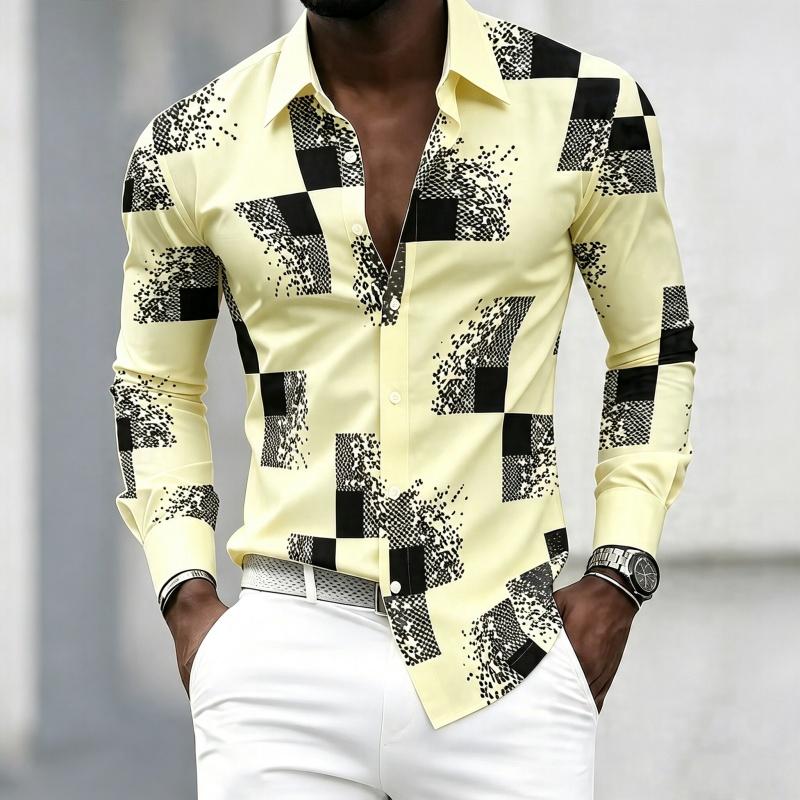 Men's Black and White Patchwork Block Fragment Printed Long Sleeved Shirt, Men's Slim Fit Trend Lapel, Business Casual Shirt