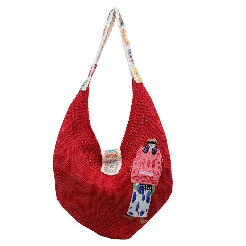 Carto Figure Hollow Mesh Knit Shoulder Bag,Beach Vacati Slouchy Chic Tote Bag,Lightweight Laid-Back Casual Women Handbag