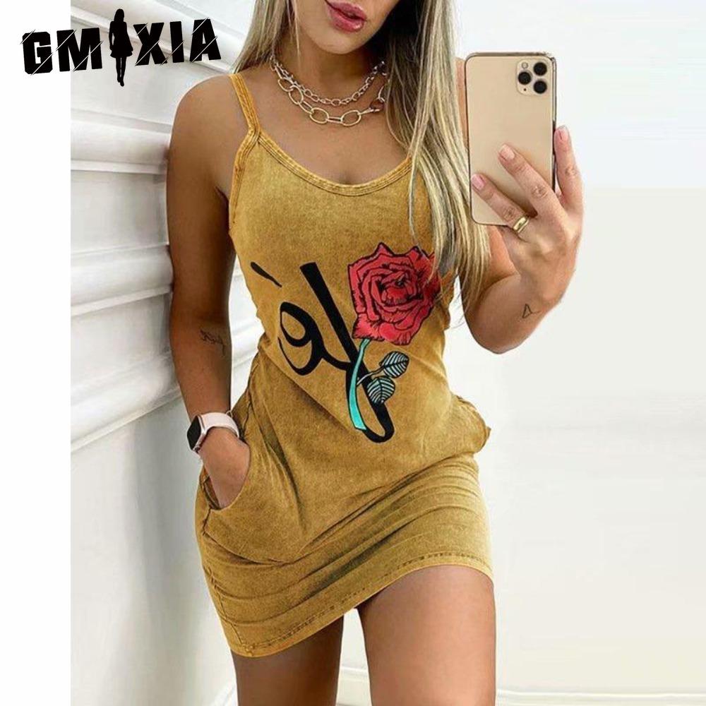 GMXIA Women Elegant Summer Floral Letter Print Denim Bodycon Mini Slim Dress Sleeveless Pocket Design