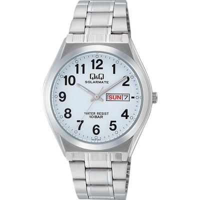 Analoge Solar Horloge met Datum en Dag Metaal Wit [Citizen Q&Q] Waterbestendig Display, Band, H010-204, Heren,