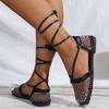 Fashion Women's Large Size Sandals Fall New Square Head Hollow Rhinestone Mesh Fine Strap Flat Shoes