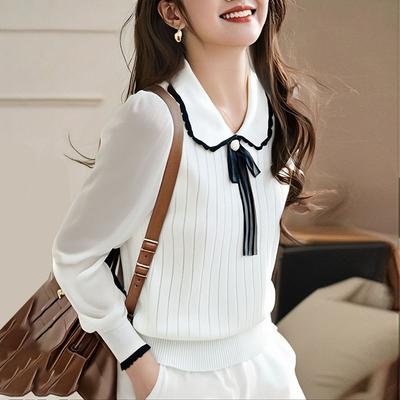 Spring and Autumn Lapel Bow Knitted Sweater Women's Top