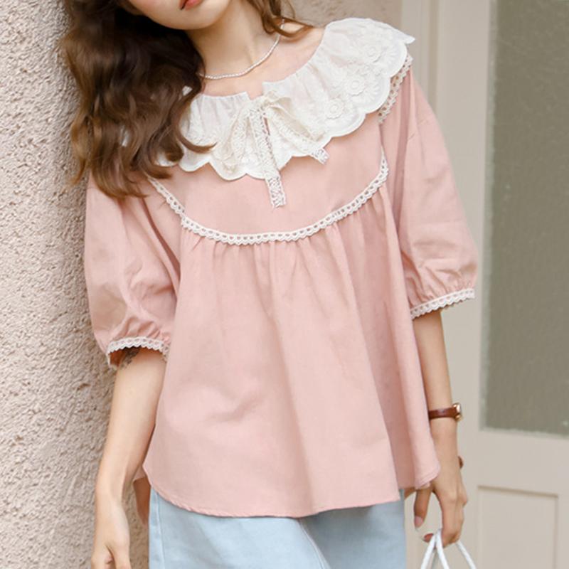 

VONDA Women Summer Lace Lapel Bubble Short Sleeve Blouses XL рожевий