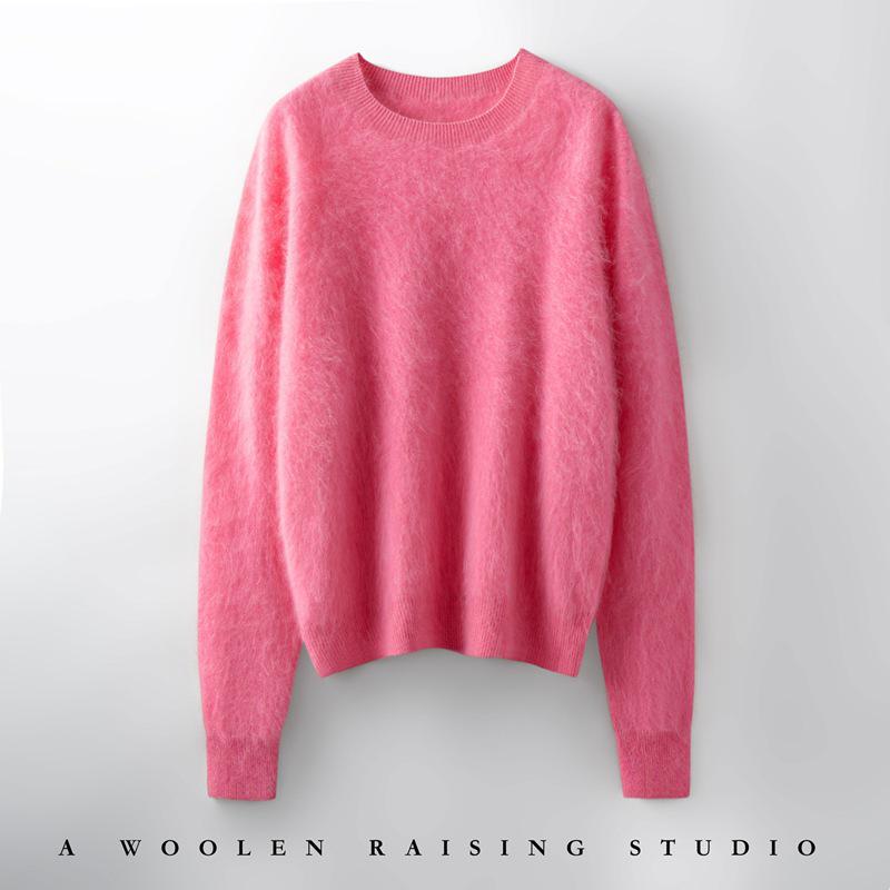 Women's Seamless Cashmere Sweater: Brushed Round Neck Pullover, Solid Color, Autumn/Winter Lazy Style, Knitted Base Layer.