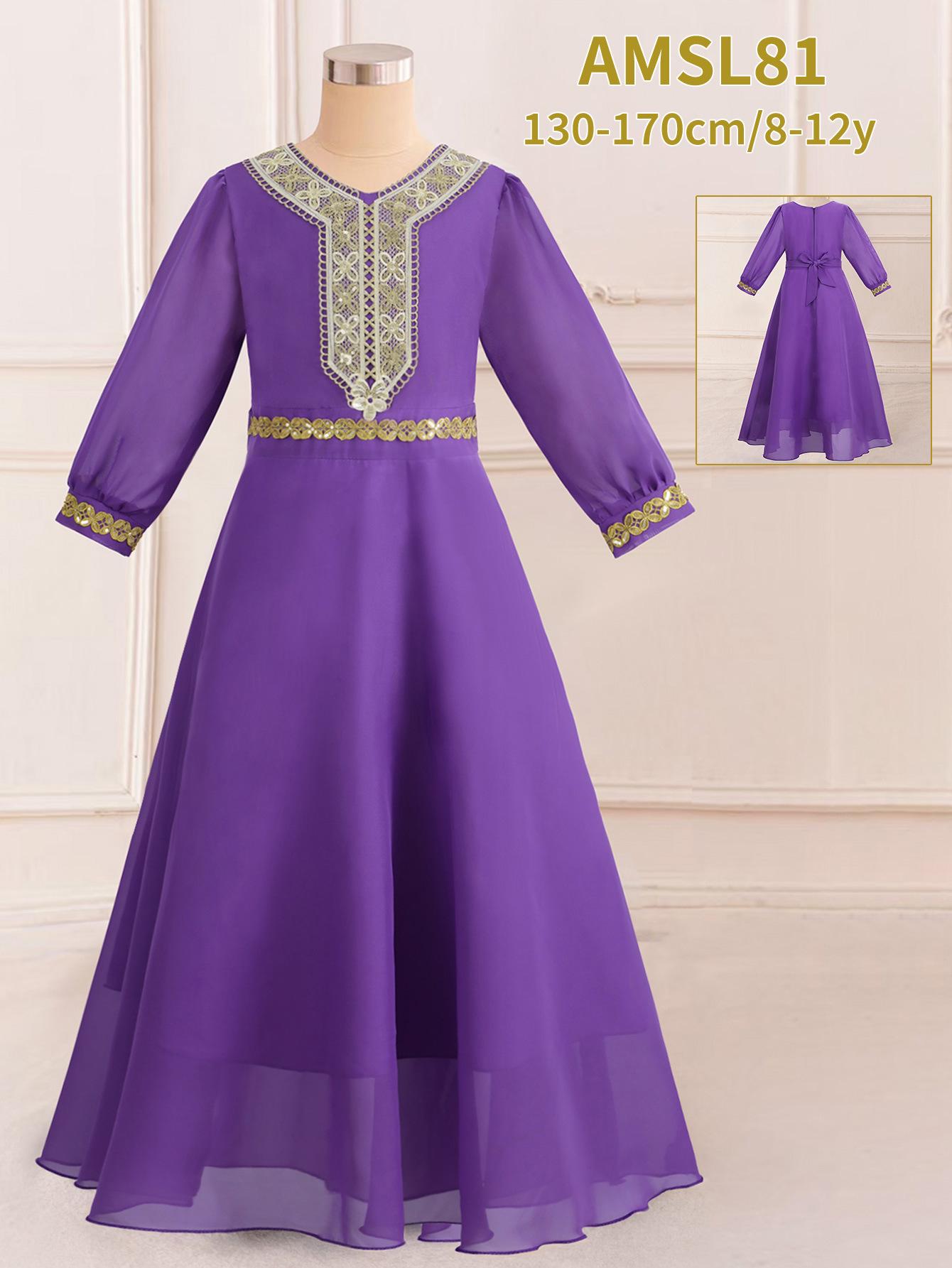 

Фиолетовое шифоновое бальное платье с длинными рукавами и лентой Height 150cm, 10 Years