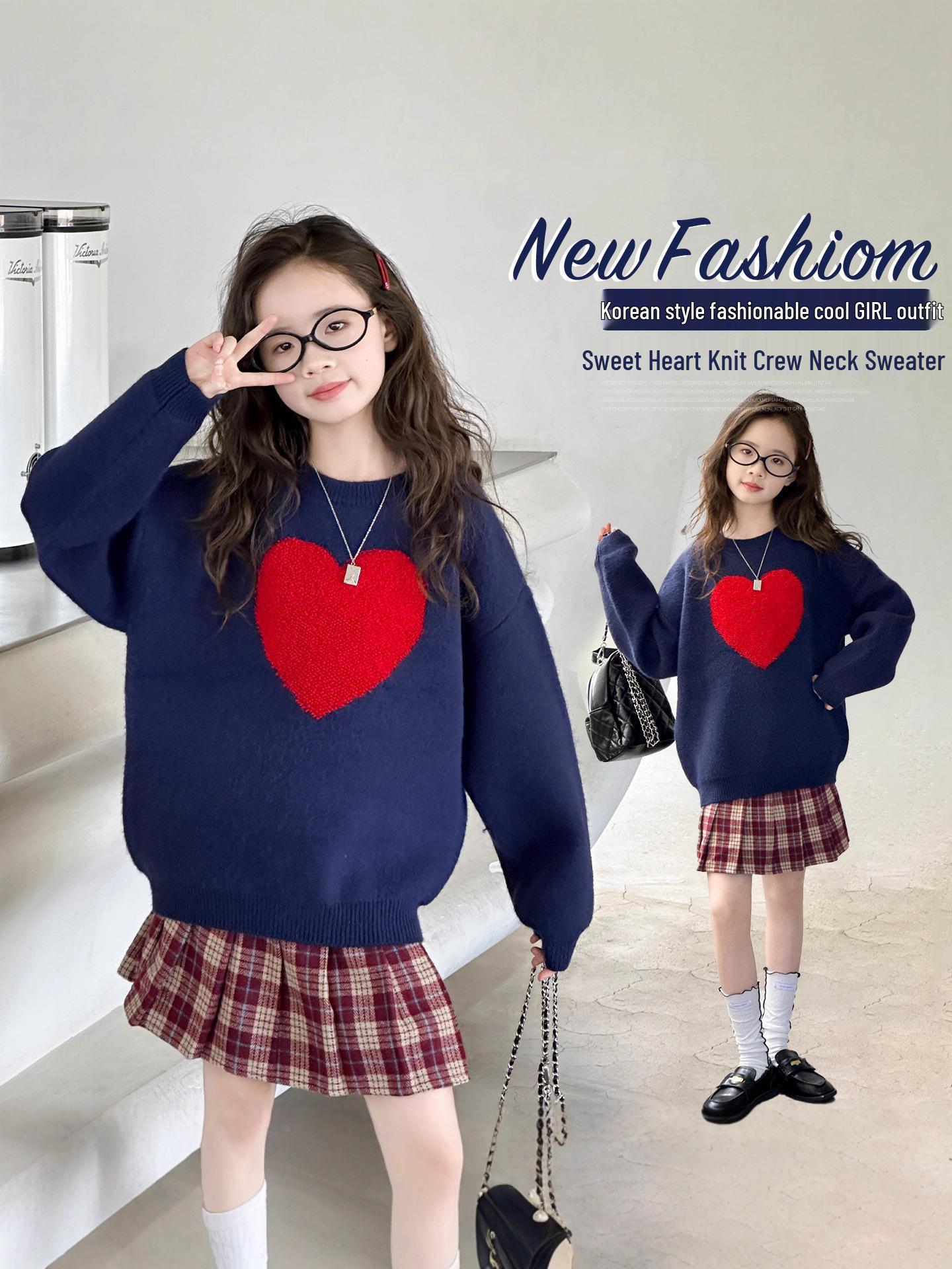 

Girls Heart Jacquard Sweater & Skirt Set - 2025 New Kids Cozy Knitted Style 140 cm