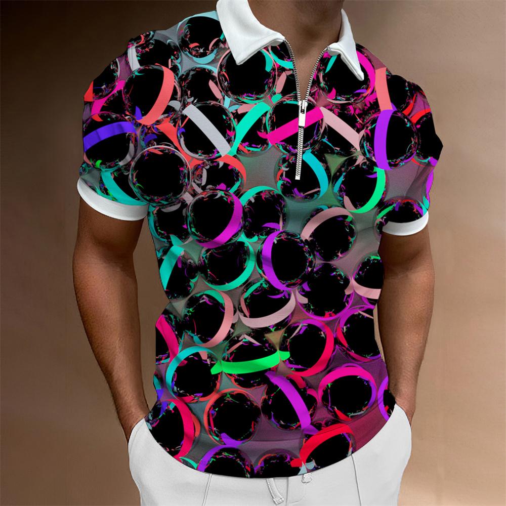 Men's fashion, casual collar and zipper bar, staircase printed golf clothing, short sleeved T-shirt