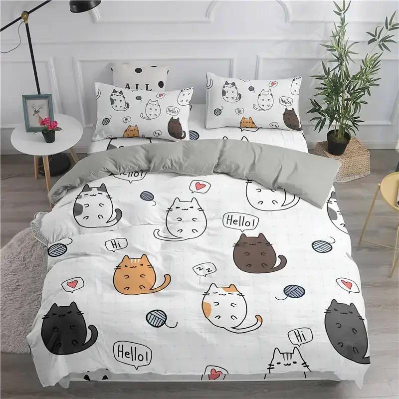 Juego de Ropa de Cama de Dibujos Animados Gatos Lindos Cómoda Funda Nórdica Funda de Almohada Juego de Cama Decoración Habitación Infantil Textiles para el Hogar