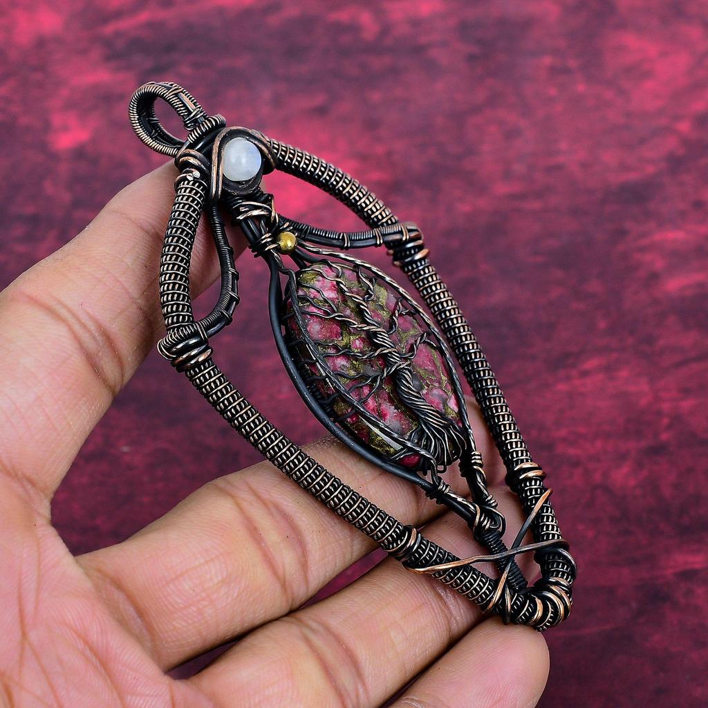 Tree Of Life Copper Thulite Gemstone Pendant Copper Wire Wrapped Jewelry Rainbow  Moonstone Pendant