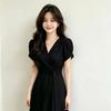 Korean chic summer temperament elegant cross V-neck lace-up waist thin bubble sleeves medium long dress women