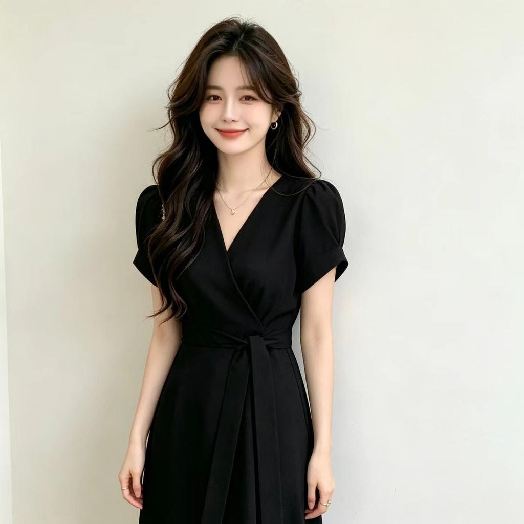 Korean chic summer temperament elegant cross V-neck lace-up waist thin bubble sleeves medium long dress women