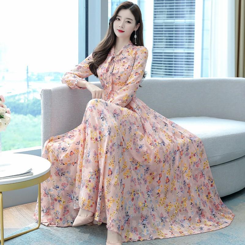 Spring and Autumn Mom Dress Waist Slim Fit Over Knee Bow V-Neck Chiffon Long Dress Dress Commuter Style