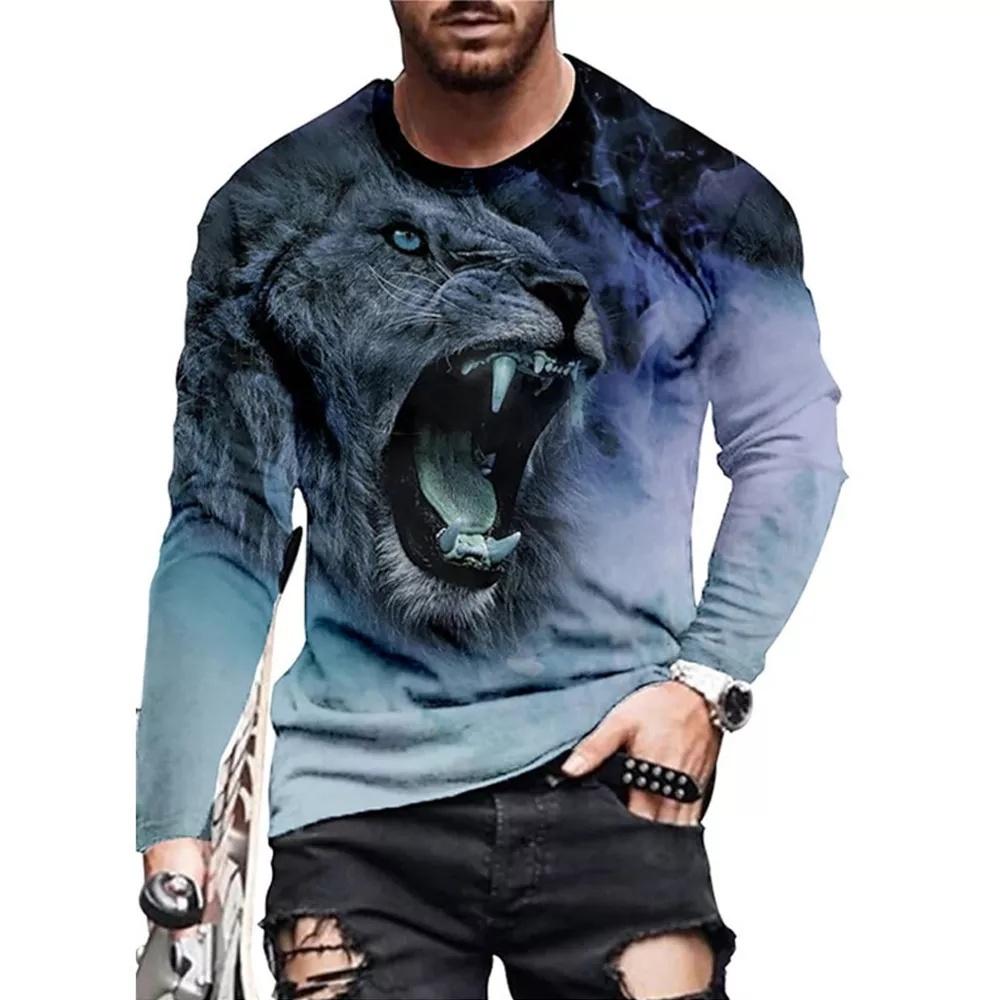 Long Sleeve Lion Abstract Pattern Mens Street T Shirt Spring Autumn 3d Animal Print Fashion T Shirt Street Loose Mens Casual Top