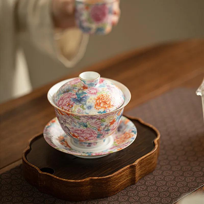 160ml Chinese Enamel Color Ceramic Gaiwan Teacup Beauty Tea Infuser Handmade Flowers Porcelain Tea Bowl Travel Portable Teaware