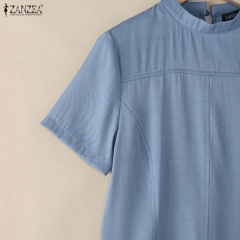 ZANZEA Women Casual Stand Collar Summer Short Sleeve Dress
