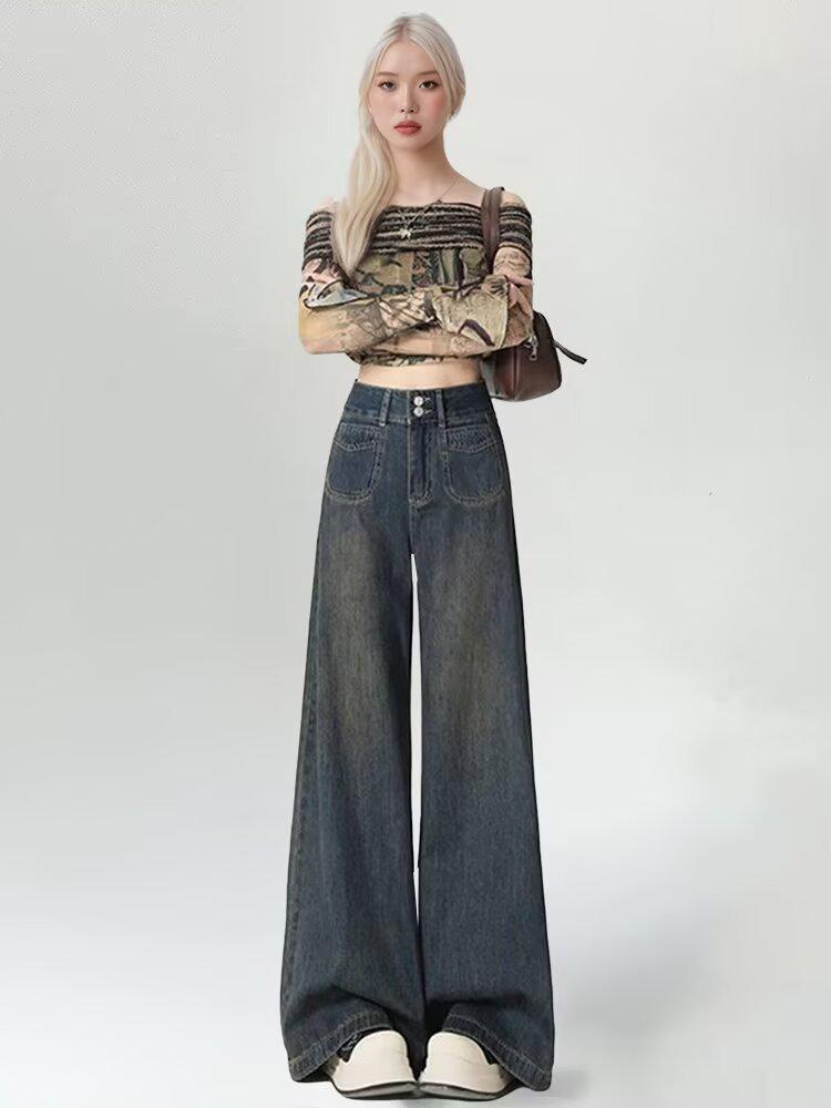 Women's High-Waisted Wide-Leg Double-Breasted Jeans - Retro Versatile Drape Mopping Pants for Spring & Autumn 2025
