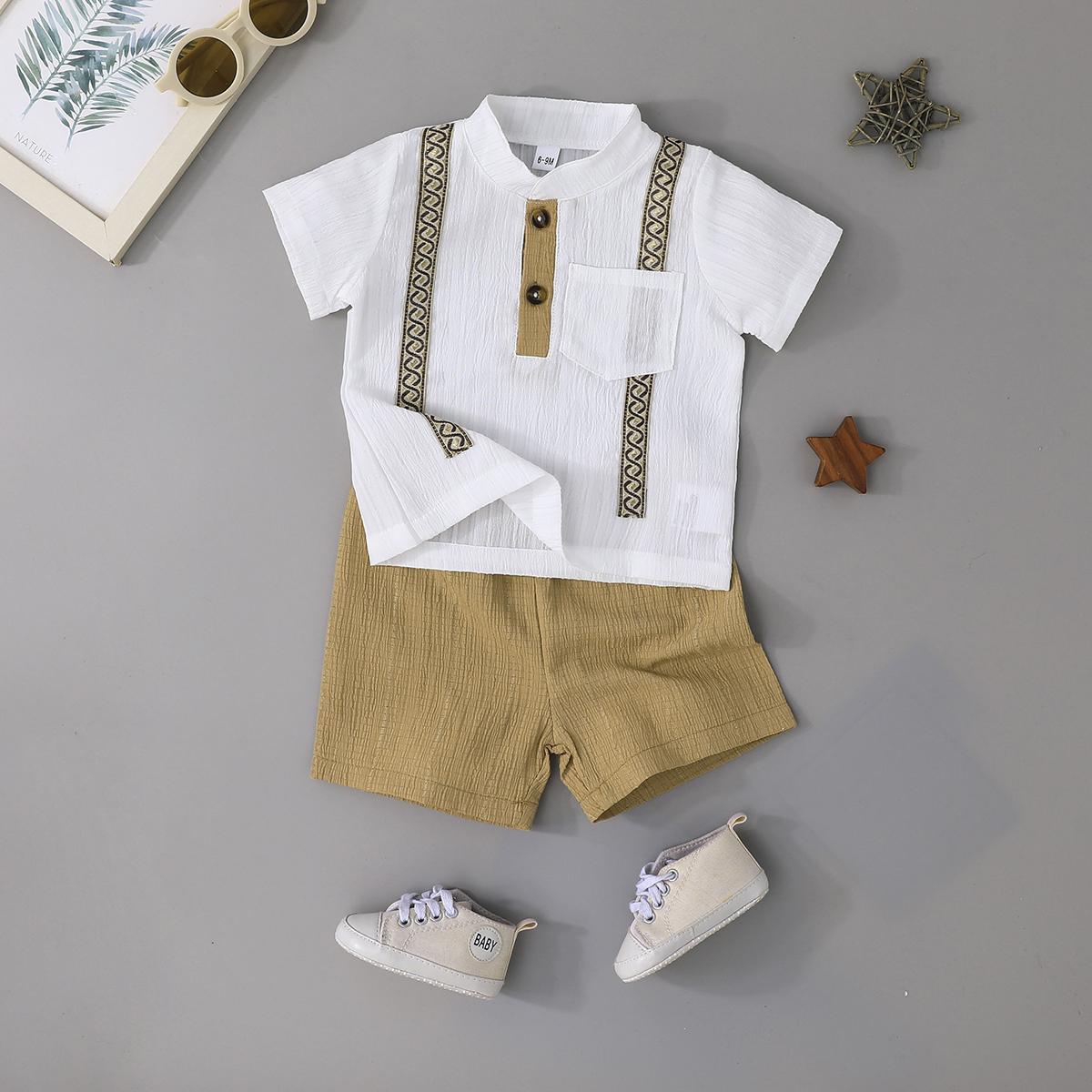 

Infant Toddler 2-Piece Outfit, Textured Short Sleeve Henley Shirt with Matching Shorts 6-9M верблюд