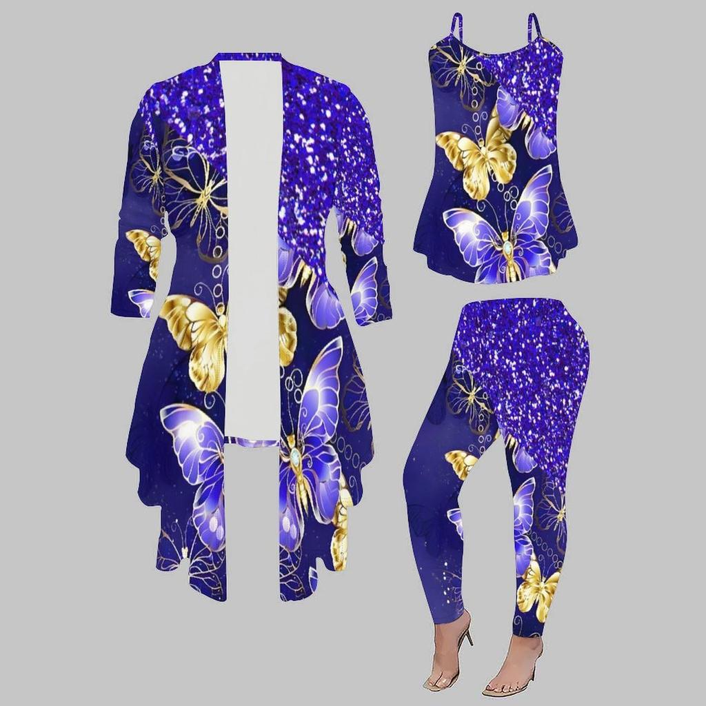 Plus Size Floral Print 3 Piece Outfit, Long Sleeve Open Front Cardigan Cami Top Leggings Set for Women