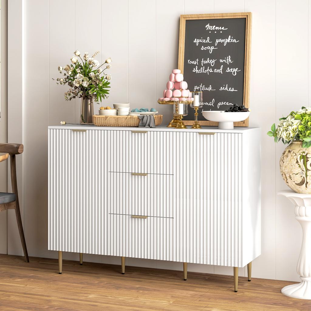 Kitchen Sideboard, 3 Drawers, Adjustable Shelves, Fluted Doors, 120 x 40 x 90 cm, White