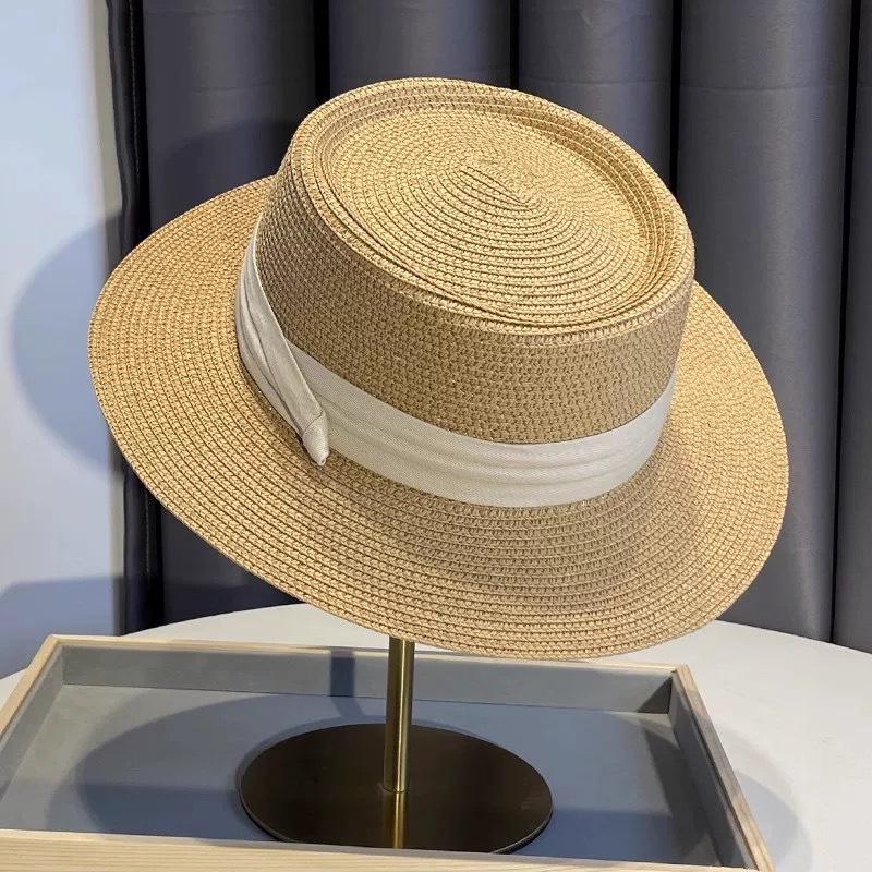 Flat-top straw hat women s straw top hat, new summer big-brimmed sun hat, seaside vacation sun hat