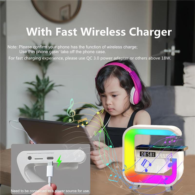 RGB Light All in One Wireless Charger Station Bluetooth Speaker TF FM With Alarm Clock For iPhone Samsung Xiaomi Fast Charging