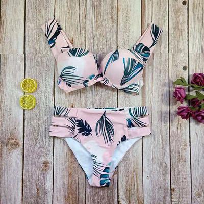 Women  Leaves Print  Bikini Push-Up Pad Swimwear Bathing   Beachwear Set