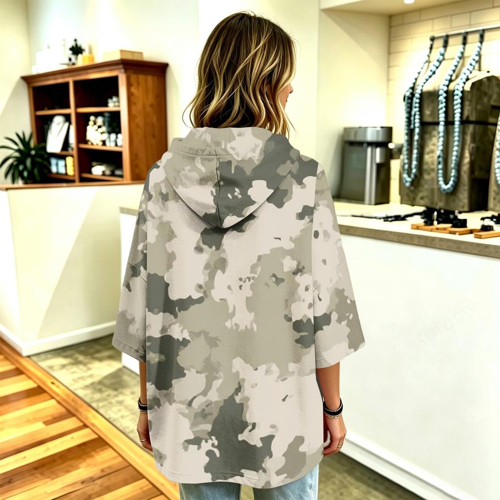 Women's Casual Camouflage Print Hooded Pullover Top with Three-Quarter Sleeves