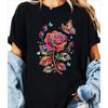 European Sizes Women's Casual Short Sleeve Crew Neck T-Shirt - Vibrant Rose & Butterfly Floral Print Machine Washable, Spring & Summer Top