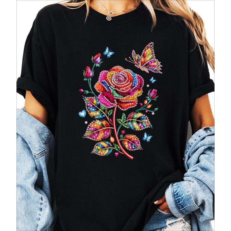 

European sizes Women s Casual Short Sleeve Crew Neck T-Shirt - Vibrant Rose & Butterfly Floral Print Machine Washable, Spring & Summer Top 4XL чорний