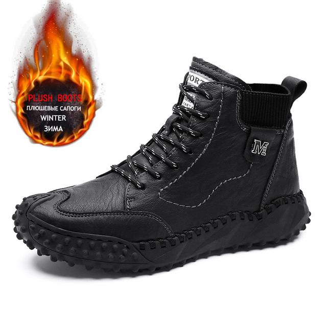 Classic Winter Men's Boots Real Leather Plush Warm Men's Snow Boots Waterproof Outdoor Roman Men Work Boots Men Motorcycle Boots