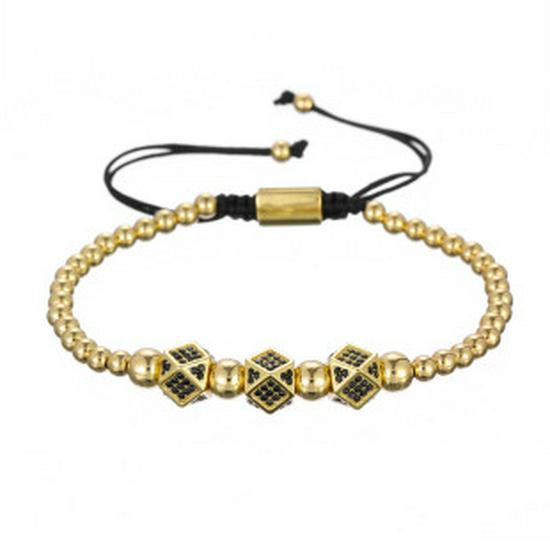 Men's Copper Bead Bracelet with Zirconia Crown and Adjustable Woven Design