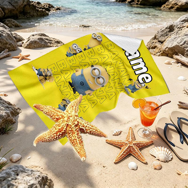 Custom Name Personalized Minions Print Beach Towel, for Trip Camping Beach Party Home Decor, Birthday Gift for Family & Friends