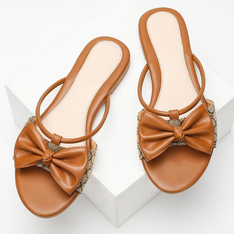 Fashion Elegant Pointed Toe Bow Narrow Band Flat Slippers Women Sexy Open Toe Non-slip Large Size Flat Shoes Comfort Vacation Beach Shoe