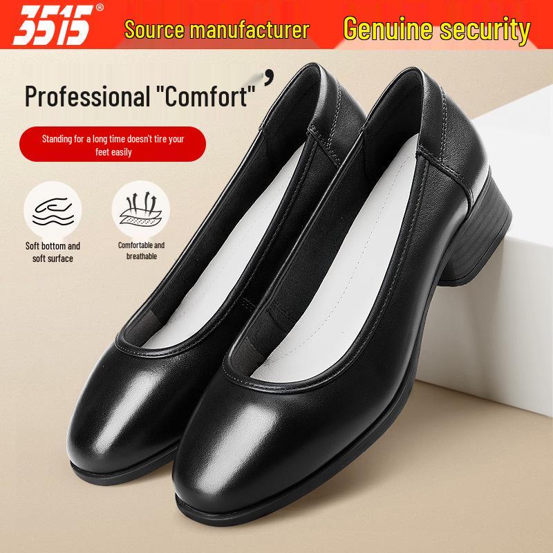 Qiangren 2025 Women s Black Round Toe Chunky Heel Leather Work Shoes - Soft Sole, Low Cut, Professional High Heels 36