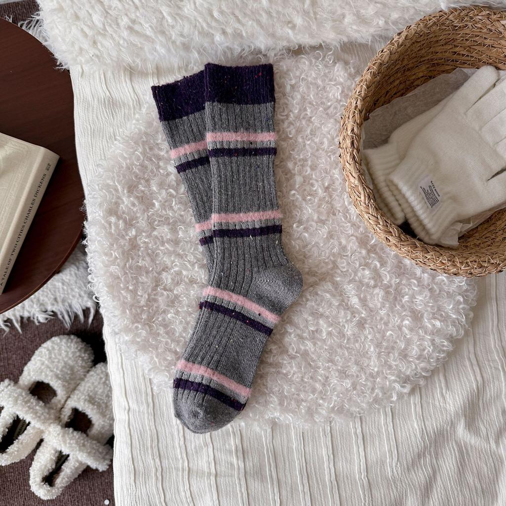 Women's Autumn and Winter Thickened Warm Collision Color Striped Yarn Wool Tube Pile Socks